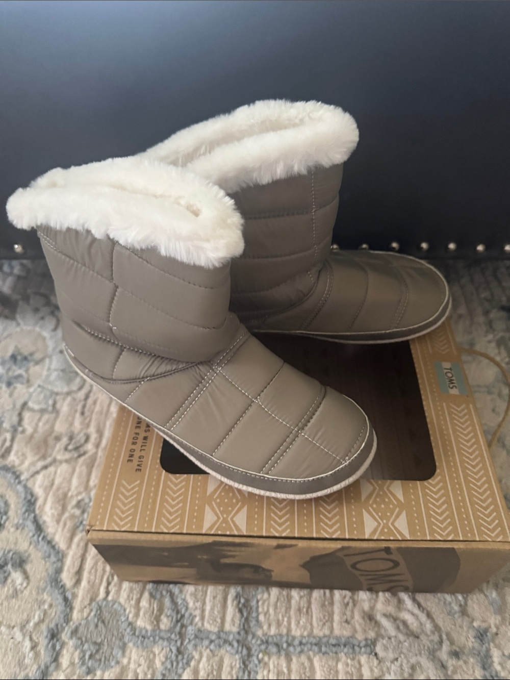 TOMS Taupe Quilted Winter Boot with White Faux-Fur Trim
